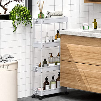 SPACEKEEPER Slim Rolling Storage Cart 4 Tier Bathroom Organizer Mobile Shelving Unit Storage Rolling Utility Cart Tower Rack for Kitchen Bathroom Laundry Narrow Places, Gray | Narrow Rolling Cart with Wheels for Kitchen Office Bathroom Laundry Room,Mobile