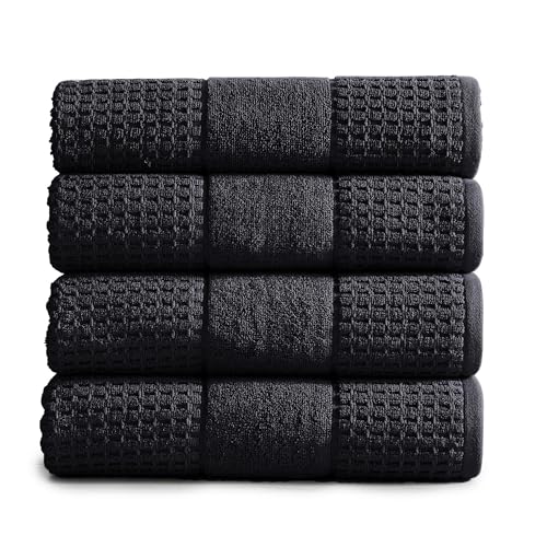 Market & Place 100% Cotton Super Soft Luxury Bath Towel Set | Quick-Dry and Highly Absorbent | Waffle Textured | 550 GSM | Includes 4 Bath Towels | Harper Collection (Black) - color: Black, size: Bath Towel (4-Pack)