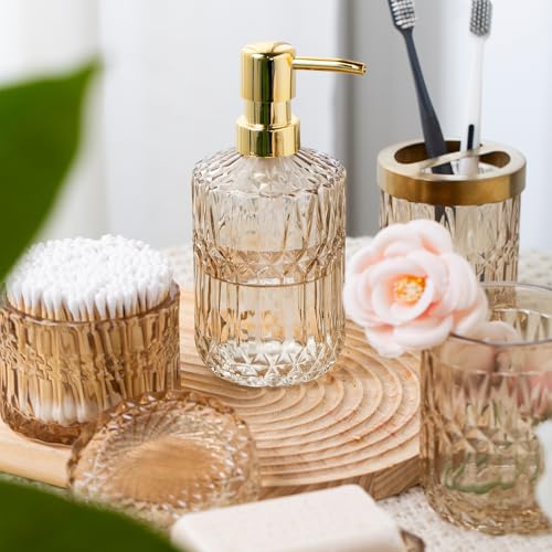 Bathroom Accessory Set 5 Pcs, Glass Bathroom Set Include Soap Dish, Toothbrush Holder, Mousewash Cup, Soap Dispenser, Cotton Swab Jar, Amber - color: Amber, style: 5 Pack