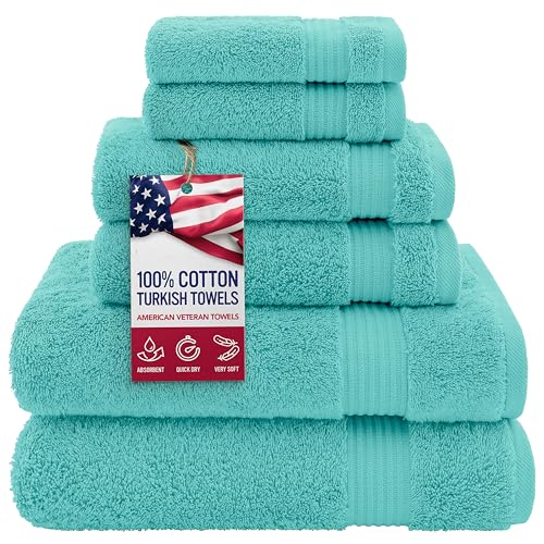 American Veteran Towel 100% Cotton Turkish 6 Piece Towel Set, Luxury Bath Towels Set of 6 for Bathroom Essentials, 2 Bath Towels 2 Hand Towels 2 Washcloths, Turquoise Blue - color: Turquoise Blue, size: XL 6PC