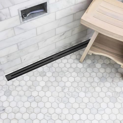 24 Inch Ultra Narrow Linear Shower Drain, Matte Black Extra Slim Shower Drain, 304 Stainless Steel, Easy to Install and Clean for Bathrooms (Drain Base Not Included), LSDE8-31A-24B - color: Matte Black, size: 24 Inch