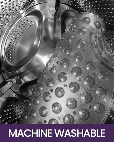 DEXI Bathtub Mat Non Slip 16x35, Shower Floor Mats for Bathroom Bath Tub | Clear Grey, Washable Oval Bathmat, Suction Cups and Drain Holes to Keep Tubs Clean - color: Clear Gray