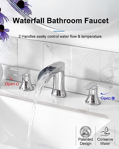 Chrome Bathroom Faucet, 2 Handles Brass Widespread Waterfall Faucet for Bathroom Sink, 4-10 Inch Sink Faucet Bathroom 3 Hole, Farmhouse RV Restroom Vanity Faucet with Pop Up Drain & Water Hoses - color: Chrome, style: WITH Pop Up Drain