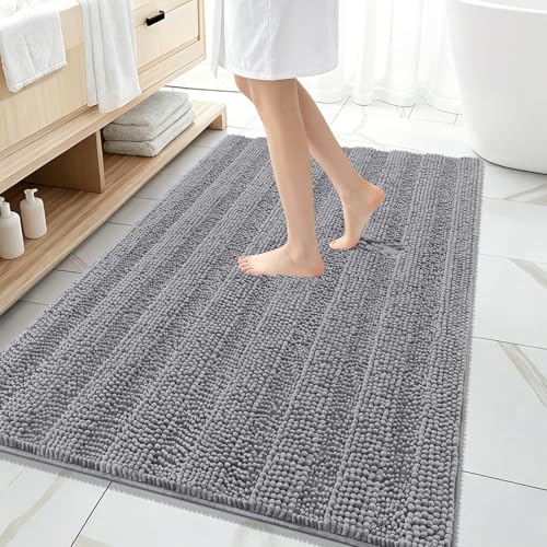 OLANLY Thick Large Bathroom Rugs 59x35, Soft Chenille Bath Rugs, Grey | Absorbent Striped, Rubber Backing, Machine Wash Dry, Bath Mats for Bathroom Floor, Tub and Shower, Home Decor Accessories - color: Grey, size: 59" X 35"