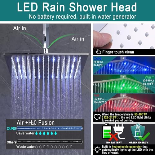 Enga Thermostatic Rain Shower System with Body Jets Push Button Diverter 12 Inch LED Rain Shower Ceiling Mounted Chrome Shower Faucet Set Can Use All Options at A Time - color: Chrome, style: Ceiling Mount-6 Jets