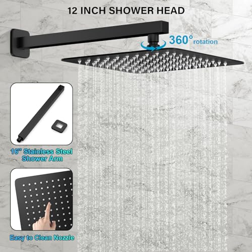 FPXRNG Shower Faucet Set with 10 Inch Matte Black Rain Shower Head | Pressure Balance Shower Valve and Trim Kit, SUS304 Square Shower Head and Handle Set, All Metal, Wall Mounted Shower Fixtures - color: Black, size: 10 Inch Wall Mount Shower Head