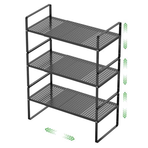 Expandable Cabinet Storage Shelf Stackable Organizer Rack for Kitchen Bathroom Pantry Spice Cupboard Coffee Countertop Home Office Desk Heavy Duty Nonslip Black Small 3 Packs - color: Black 3 Packs, size: Small - 8.1"W x (16.5"-27.1")L x 9.8"H