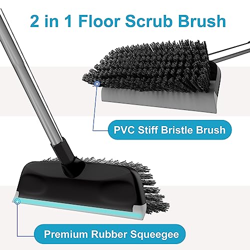 Floor Scrub Brush with 55" Long Handle, 10" Wide Stiff Bristles Deck Brush, Stainsless Steel Pole Heavy-Duty Cleaning Brush, 2-in-1 Scrubber with Ruber Squeegee for Deck, Patio, Pool, Tile, Wall