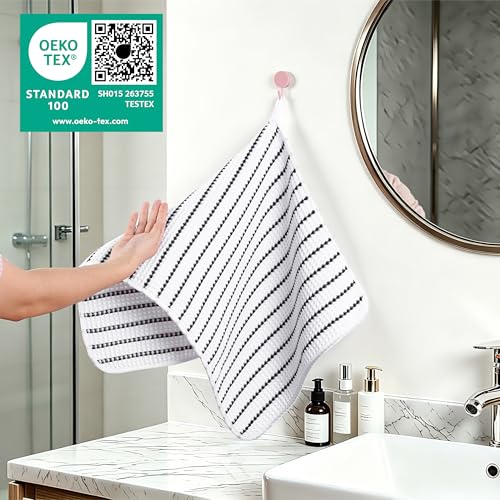 POLYTE 430 GSM Poly Blend Microfiber Quick Dry Waffle Hand Towel, 16x30 in | 4 Pack, Oversize, Lint Free, Quick Dry, Hanging Loop - color: White/Black