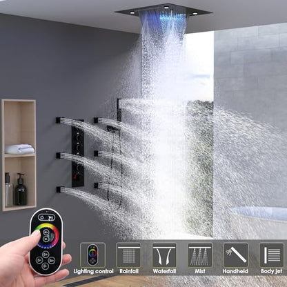 Enga Full Body LED Thermostatic Shower System with Body Jets, 20-Inch 3 Function Shower Head (Rainfall & Mist & Waterfall), Luxury Multi Function Rain Shower Faucet Set, Matte Black - color: Matte Black, style: 20" Head (Rain + Mist+Waterfall) - Jets