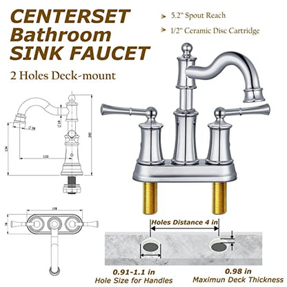Roman Bathroom Sink Faucet Deck Mount or Wall Mount Installation Pop-up Drain Assembly with Overflow Deck Plate and Water Supply Lines Included (2 Hole Deck Mount, Chrome) - color: Chrome, style: 2 Hole Deck Mount