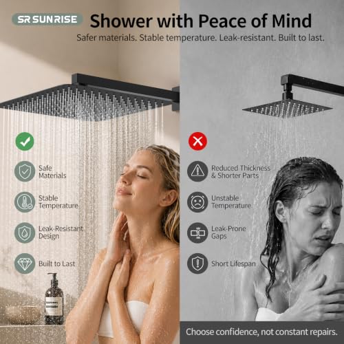 SR SUN RISE Matte Black Square Rainfall Shower Head and Handle Set, Wall Mounted Shower Fixtures, Metal Shower Faucet Trim Repair Kits (With Shower Valve) 16 Inches - color: Matte Black, size: 16 Inch