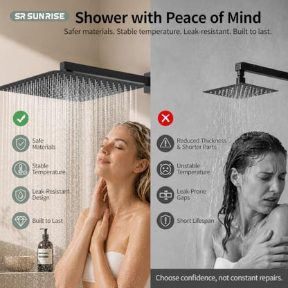 SR SUN RISE Matte Black Square Rainfall Shower Head and Handle Set, Wall Mounted Shower Fixtures, Metal Shower Faucet Trim Repair Kits (With Shower Valve) 16 Inches - color: Matte Black, size: 16 Inch