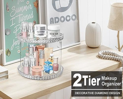 2 Tier Diamond Lazy Susan Bathroom Organizer Countertop, Clear 360 Rotating Cosmetic Makeup Organizer for Vanity, Skincare Organizers Perfume Organizer for Counter - Organization and Storage -9.25INCH