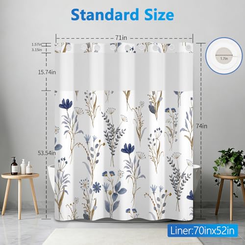 Watercolor Blue Floral Shower Curtains for Bathroom, No Hook Shower Curtain with Snap in Liner and Sheer Top Window, Double Layers Waterproof Fabric Bathroom Shower Curtain Sets with Weighted Hem - color: Blue Wildflower