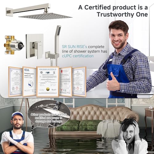 SR SUN RISE Shower Faucet Set & System - 10 Inch Rainfall Shower Head & Handle Set Wall Mounted Brushed Nickel Solid Brass Valve Trim Kit Included - color: Brushed Nickel, size: 10 Inch