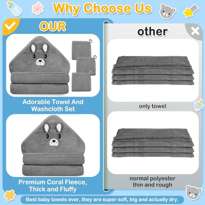4PCS Hooded Baby Towels Set, 32x32in Baby Towels for Essentials (Gray Bear) | 1 Baby Towel & 3 Baby Washcloths Set, Cute Animal Hooded Towel, Ultra Absorbent & Soft, Cute Infant Essentials for Boy & Girl - color: Gray Bear-4pcs