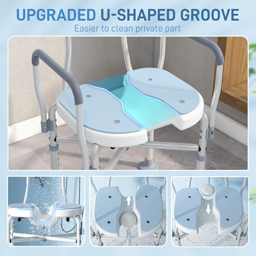 HOMCOM Padded Shower Chair with Arms and Back for Seniors, Light Blue | HDPE, Adjustable Height, Anti-slip, Tool-Free Assembly, Bath Seat, Shower Bench, for Disabled