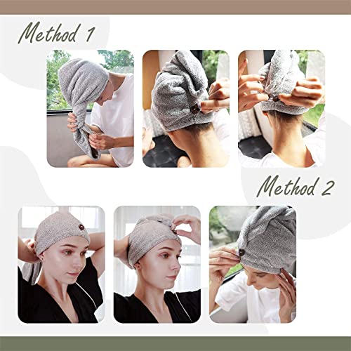 myHomeBody Hair Towel Wrap, Quick Drying Turban, Absorbent Cap – Gray | Hair Turban Towel for wet hair, Ultra Soft Charcoal Fiber Cap, Towel Head Wrap for bathing with Coconut Shell Button - color: Grey