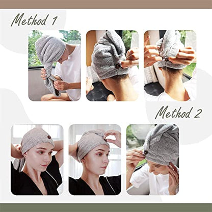 myHomeBody Hair Towel Wrap, Quick Drying Turban, Absorbent Cap – Gray | Hair Turban Towel for wet hair, Ultra Soft Charcoal Fiber Cap, Towel Head Wrap for bathing with Coconut Shell Button - color: Grey