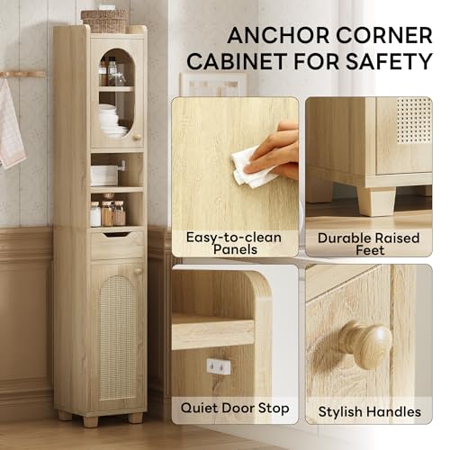 LIKIMIO 69" Tall Bathroom Cabinet with Drawer and Tissue Holder | Slim 11.8-inch footprint adds two doors, one drawer, adjustable shelves, and a pull-out tissue holder, Rustic White - color: Rustic White, size: Medium