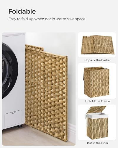 SONGMICS Laundry Hamper with Lid, 23.8 Gallon (90 L) Synthetic Rattan Clothes Laundry Basket with Lid and Handles, Foldable, Removable Liner, Goose Yellow ULCB51NL - color: Goose Yellow, size: 90 L