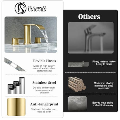 Ultimate Unicorn 8 inch Bathroom Faucet Brushed Gold, Waterfall Bathroom Faucet with Metal Pop-up Sink Drain Stopper and 2 Supply Hoses,2 Handle Widespread Faucets for Vanity Sink 3 Holes | Bathroom Faucet with Metal Pop-up Sink Drain Stopper and 2 Supply