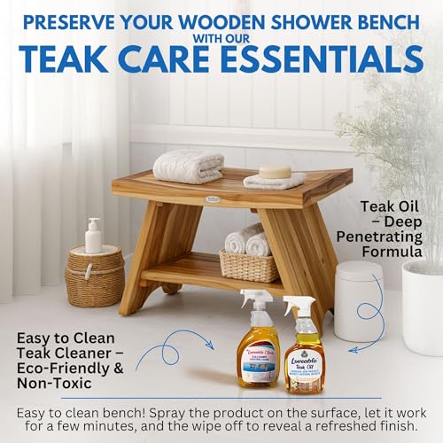 EcoDecors Serenity 30-Inch Teak Shower Bench with Shelf, 300 lb | Spa-style teak bath seat features elegant wood grain and timeless design for a stylish, functional bathroom upgrade - size: 30" shelf