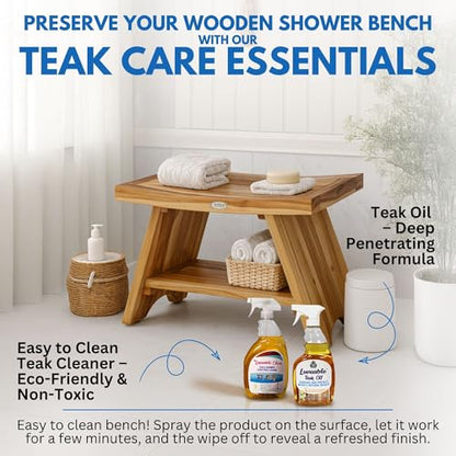 EcoDecors Serenity 30-Inch Teak Shower Bench with Shelf, 300 lb | Spa-style teak bath seat features elegant wood grain and timeless design for a stylish, functional bathroom upgrade - size: 30" shelf