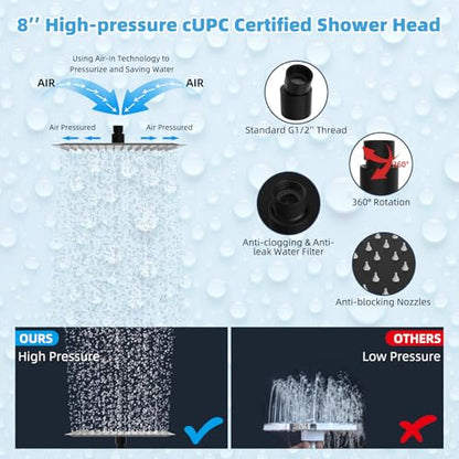 Hibbent All Metal CUPC Certified 8'' Rainfall Shower Head, Dual Shower Head Combo, High Pressure Handheld 4 Sprays Shower Wand, 16'' Adjustable Extension Arm, 71'' Hose, Shower Holder, Matte Black - color: Matte Black, style: Square 8''
