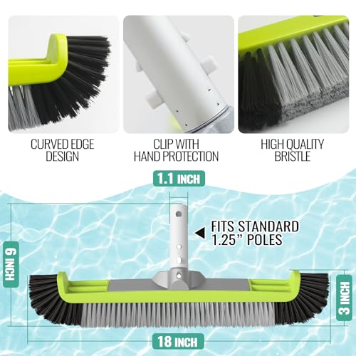 18" Pool Brush Head - Scrub Brush, Curved Ends, Fits Φ1.25” Poles | Scrub Brushes for Cleaning Swimming Pool Walls, Tile, Fiberglass, Flooring and Vinyl Pools, Green & Black & Gray - color: Black & Gray