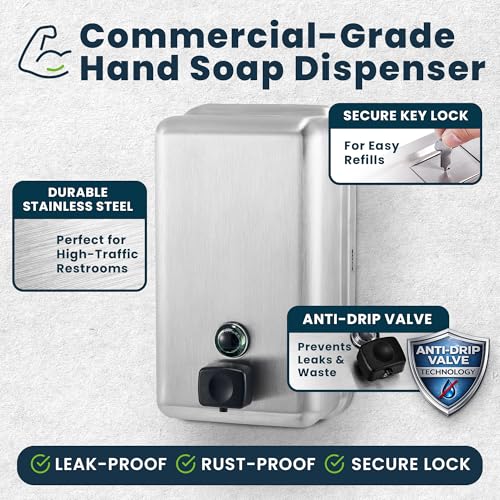 Alpine Stainless Steel Soap Dispenser Wall Mount - Commercial Liquid Wall Soap Dispenser for Bathroom, Kitchen, Refillable 1200 ml Large ADA Compliant (Vertical)
