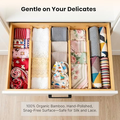 4 Pack 2.36" Bamboo Drawer Dividers, 17-22" Expandable Kitchen Organizers | Adjustable Spring-Loaded Tension Separators with Foam Pad for Clothes, Utensils, Kitchen, Dresser, Nursery & Bathroom - size: 2.36"H, 17-22"L Adjustable