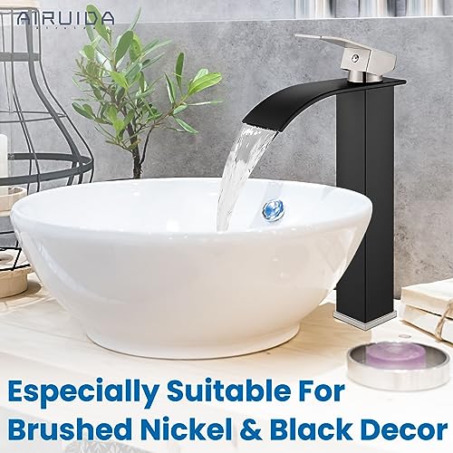 Airuida Vessel Sink Faucet,Black&Nickel Tall Waterfall Bathroom Faucet | Single Handle,Tall Bathroom Faucet 1 Hole,Vanity Faucet,without Drain,Bowl Bathroom Faucet - color: Matte Black & Brushed Nickel