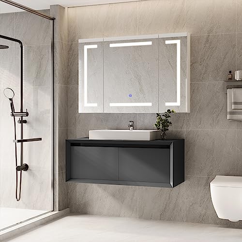 Lighted Medicine Cabinet with Mirror, Wall Mounted Bathroom Mirror with Storage, 3 Doors Bathroom Wall Cabinet with LED Lights, 39.4'' x 23.6'' - size: 39.4'' x 23.6'' With 3 Doors