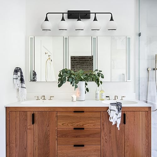 Black Bathroom Light Fixtures 5-Lights Vanity Lights with Milky White Frosted Glass Shade Bathroom Vanity Light 39.2 inch Wall Sconce Lighting Bath(Exclude E26 Bulb) - color: Black, size: 5 Light