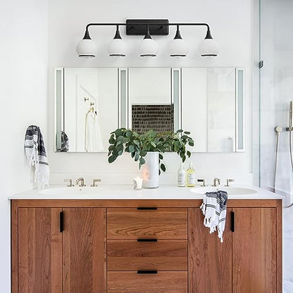 Black Bathroom Light Fixtures 5-Lights Vanity Lights with Milky White Frosted Glass Shade Bathroom Vanity Light 39.2 inch Wall Sconce Lighting Bath(Exclude E26 Bulb) - color: Black, size: 5 Light