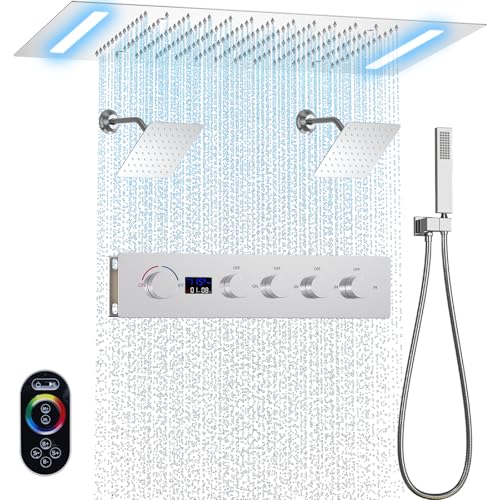 Chrome Ceiling 20x14 inch LED Shower Faucet Set,Temperature Display Thermostatic Shower Valve,Two 8-inch Wall Mounted Shower Heads and Handheld - color: Chrome