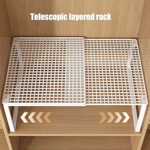 Expandable Stackable Cabinet Organizer - Adjustable Storage Shelf Rack for Kitchen, Bathroom, Pantry, and Office Space Saving - color: White