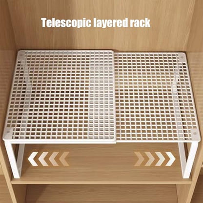 Expandable Stackable Cabinet Organizer - Adjustable Storage Shelf Rack for Kitchen, Bathroom, Pantry, and Office Space Saving - color: White