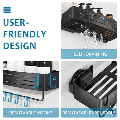 Onemake Suction Cup Shower Caddy, Shower Shelf, Bathroom Organizer, Black | No-drill Rustproof Aluminum Removable Caddy with Hooks, Wall Mounted Shower Organizer, Corner Shampoo Holder for Bathroom - style: 1 Tier-Black Square Caddy