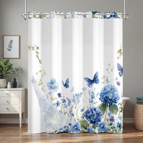 No Hook Floral Shower Curtains, Blue Hydrangea Double Layers Waterproof Fabric Shower Curtain with Snap in Liner and Top Sheer Window, 71x74in Hotel Summer Bathroom Shower Curtains with Weighted Hem - color: Blue Hydrangea