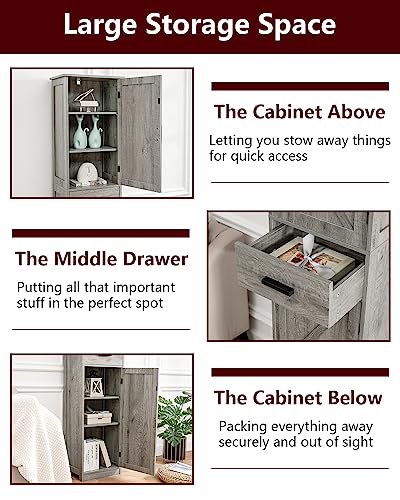 TEENFON Tall Bathroom Cabinet, Storage Cabinet with 6 Shelves & Drawer, Bathroom Storage Cabinet with Adjustable Shelves, Tall Cabinet for Living Room, Home Office, Grey - color: Grey