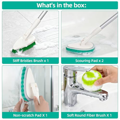 Qaestfy 4-in-1 Tub and Tile Shower Scrubber, 51'' Bathtub Cleaning Brush with Long Handle, Soft & Stiff Bristles Bathroom Scrub Brush, Non-Scratch Shower Cleaner Brush for Cleaning