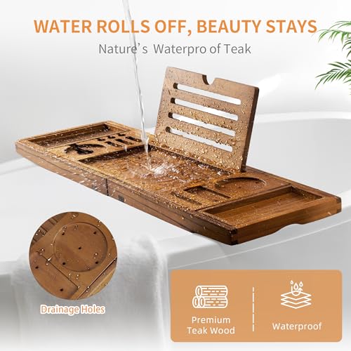 Luxury Teak Bathtub Tray - Foldable Bath Caddy with Expandable Handles, Wine Glass & Phone Holder, Book Stand - Enhance Home Spa Experience with Natural Material - Relaxing & Reading, Teak - color: Teak