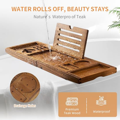Luxury Teak Bathtub Tray - Foldable Bath Caddy with Expandable Handles, Wine Glass & Phone Holder, Book Stand - Enhance Home Spa Experience with Natural Material - Relaxing & Reading, Teak - color: Teak