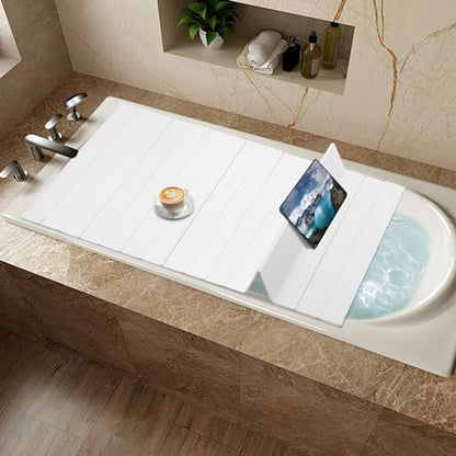 71x32in Bath Lid Cover Bathtub Tray, Foldable Bathtub Cover Bath Insulation Cover, PVC Dustproof Shutter Bath Lid fit Most Tubs, Can Hold Wine Glass, Books, Tablets, Cellphones - color: White, size: 71x31.5in