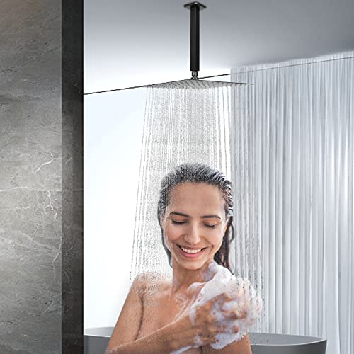 NearMoon Rain Shower Head With Shower Arm, Ceiling Mount Square Shower, Stainless Steel Ceiling Rainfall Showerhead- Waterfall Full Body Coverage (12 Inch, Matte Black) - color: Matte Black, size: 12 Inch