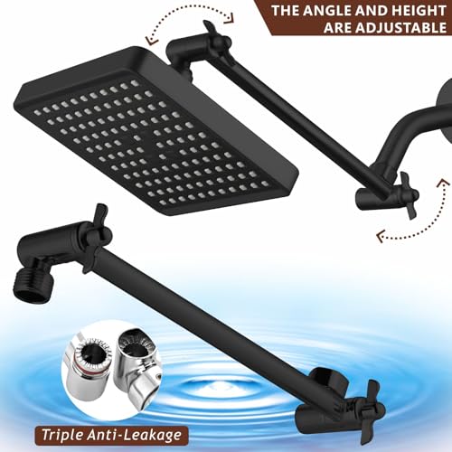 High Pressure Rain Shower Head with 11'' Extension Arm - High Flow Rainfall Showerhead - Luxury Modern Look - Pressure Boosting (Square, Brushed Nickel) - color: Matte Black, style: 6" Square