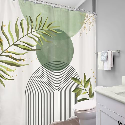 Sage Green Boho Bohemian Abstract Leaves Olive Bathroom Shower Curtain Set | Dark look; 72"W x 78"L. waterproof HD print, quick-dry fabric and free hooks for easy setup. - color: A-02sage Green, size: 72"W x 78"L (Pack of 1)
